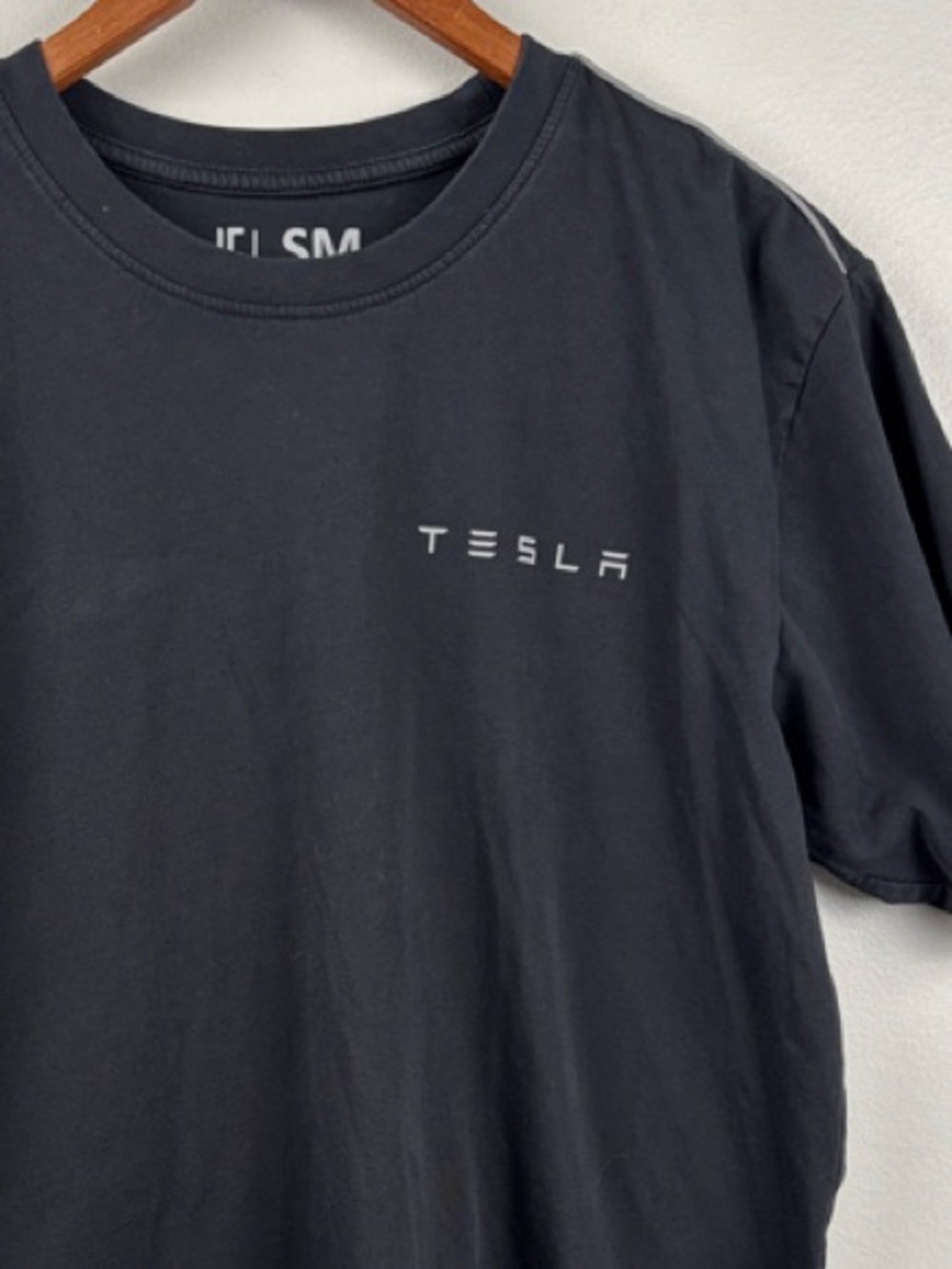 Tesla men’s small Black Short Sleeve Logo Tee shoulder accent TESLA Spelled out
